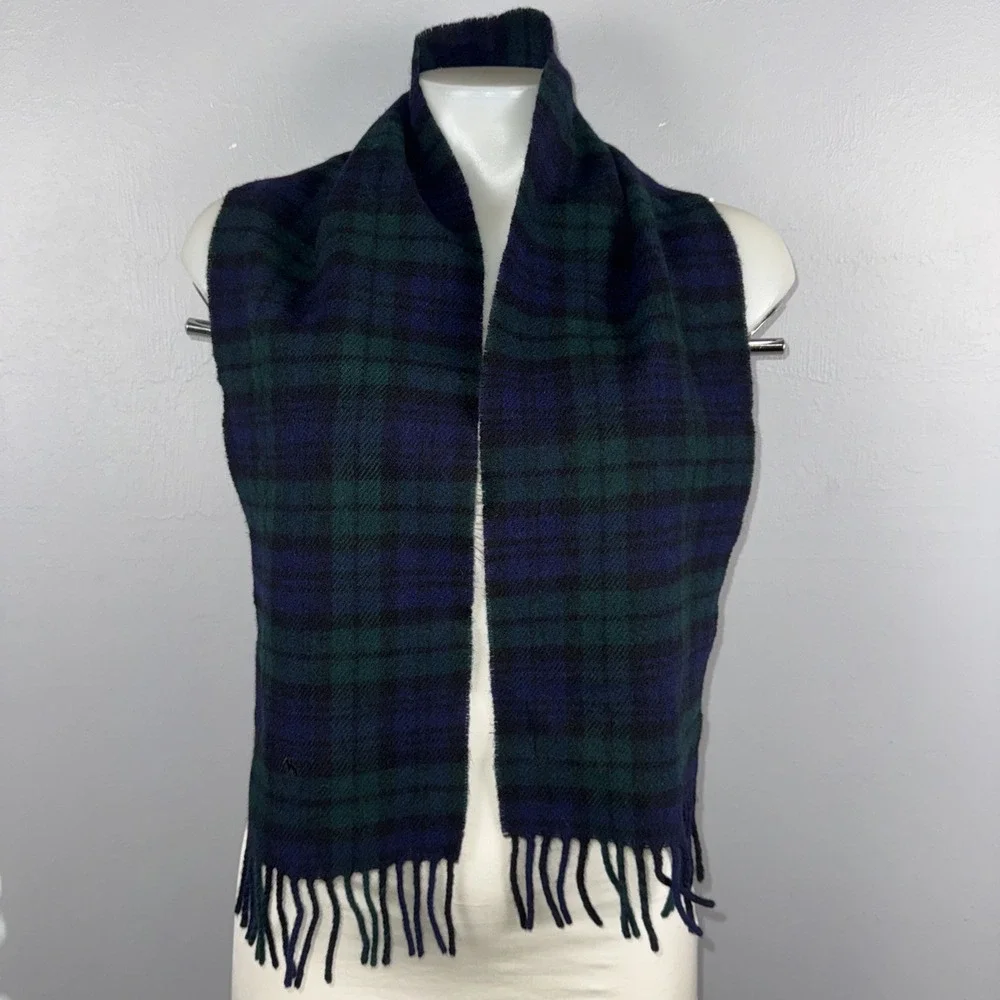 Polo Ralph Lauren Scarf 100% Lambswool Plaid Tartan Blue Green Black Classic